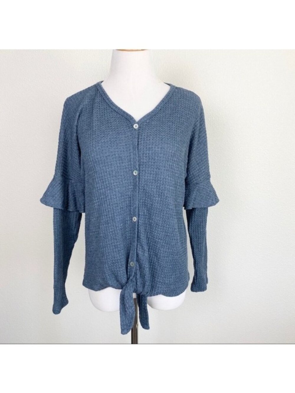 Pinkblush Maternity Womens Medium Blue Waffle Knit Ruffle Sleeve Tie Top